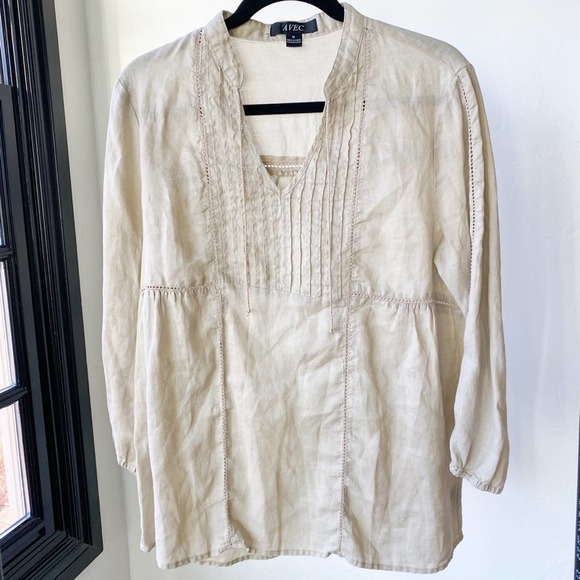 AVEC Women's Tan Linen V-Neck Long Sleeve Pleated Bodice Pop Over Blouse sz M - Picture 1 of 8